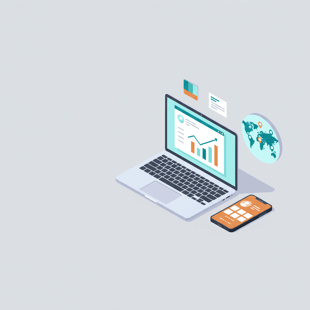 Illustration of a creator workspace with analytics and profile concepts